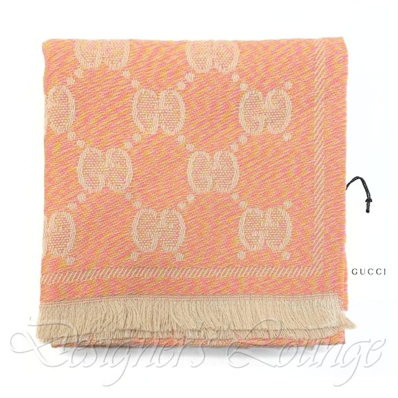 NEW GUCCI GG Jacquard Wool Scarf in Beige And Pink $590 Authentic - Picture 6 of 8